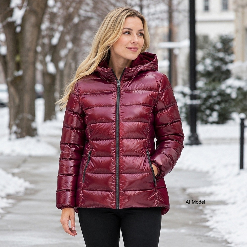 New 32 Degrees Heat Puffer Jacket Womens Medium Quilted Burgundy Hooded